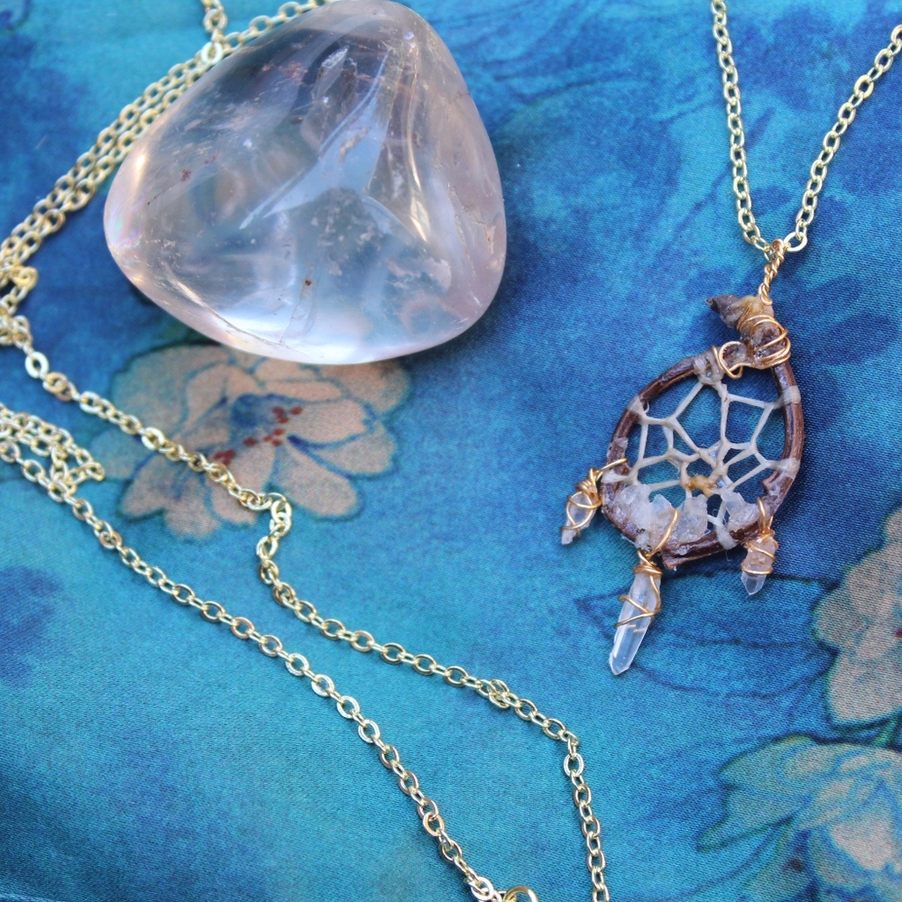 Rose and clear quartz Crystal dreamcatcher necklace, charm, boho, jewelry